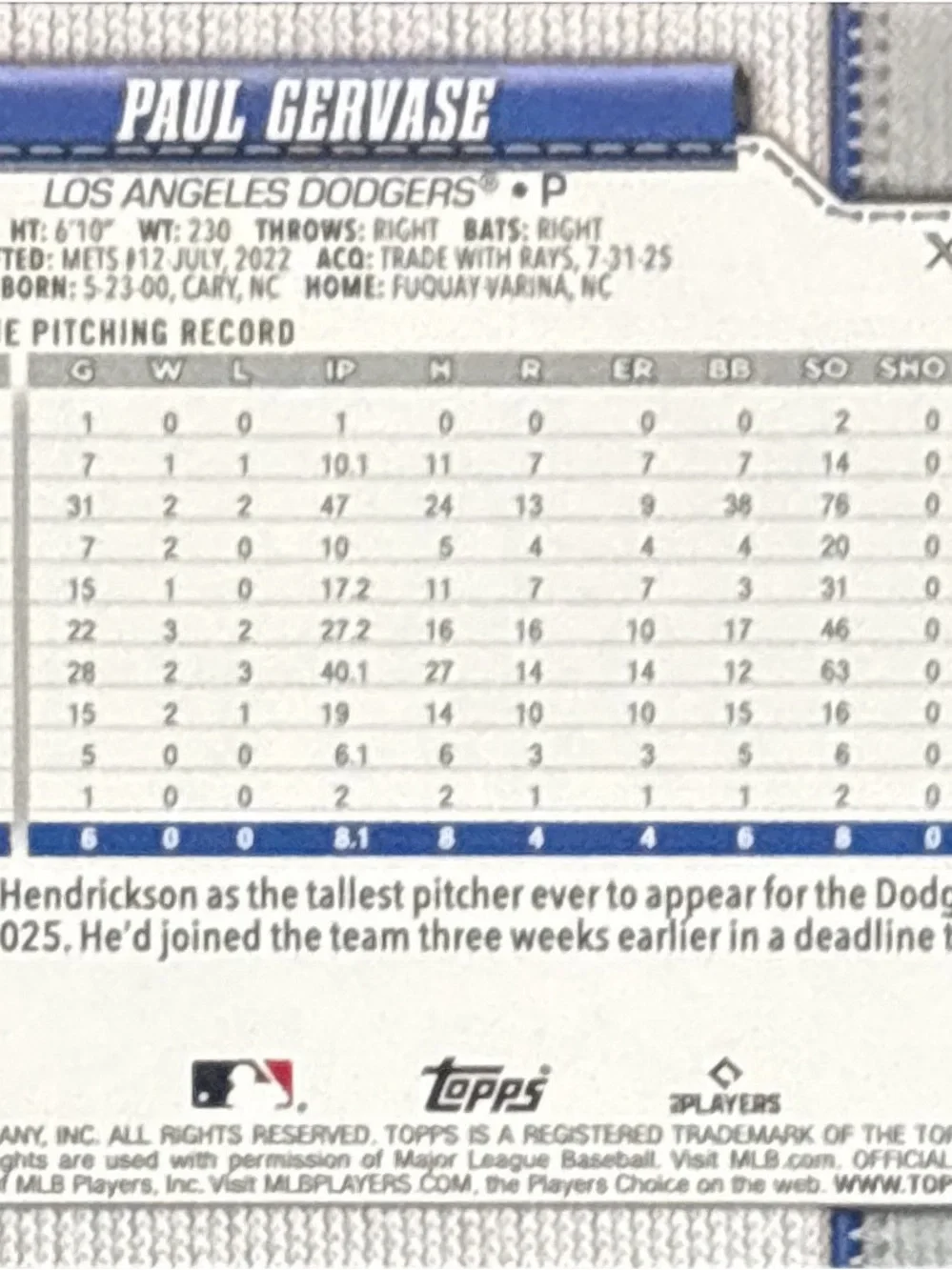 Topps Los Angeles Dodgers Paul Gervase Rookie Baseball Card